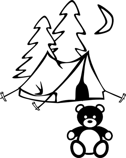 Teddy Bear Sitting In Front Of A Tent And Pine Trees - Teddy Bear Sitting In Front Of A Tent And Pine Trees (415x517)