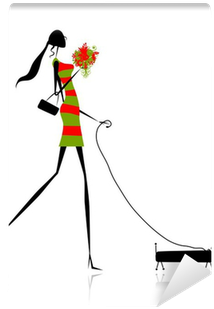 Fashion Girl Silhouette Walking With Dog Wall Mural - Fashion Girl Silhouette Walking With Dog Wall Mural (400x400)