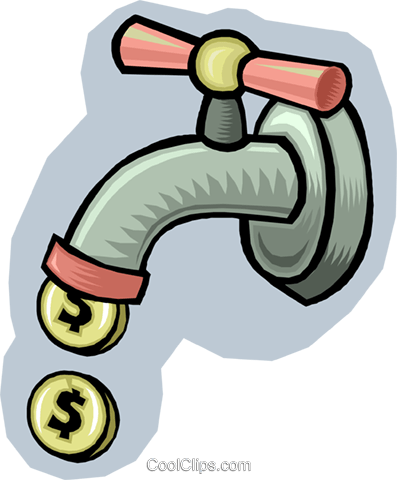 Water Faucet Dripping Coins Royalty Free Vector Clip - Water Faucet Dripping Coins Royalty Free Vector Clip (397x480)