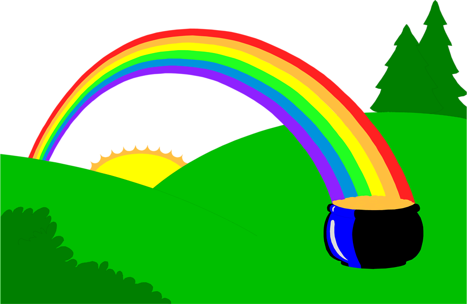 Pot Of Gold At End Of Rainbow Clip Art - Pot Of Gold And Rainbow (958x625)