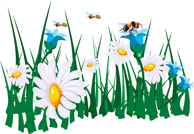 Flowers, Cartoon, Grass, Insects, Bees, Flower, Insect - Flowers And Bees Clipart (640x442)