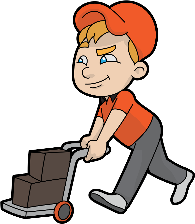 Cartoon Delivery Guy Pushing A Cart With Packages - Cartoon Delivery Guy Pushing A Cart With Packages (924x1024)