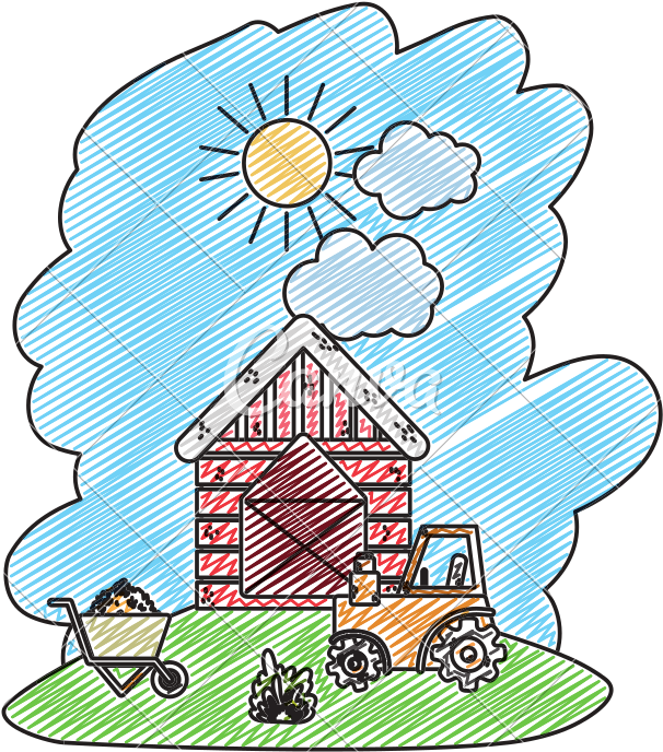 Doodle House Farm With Tractor And Handcart With Straw - Doodle House Farm With Tractor And Handcart With Straw (800x800)