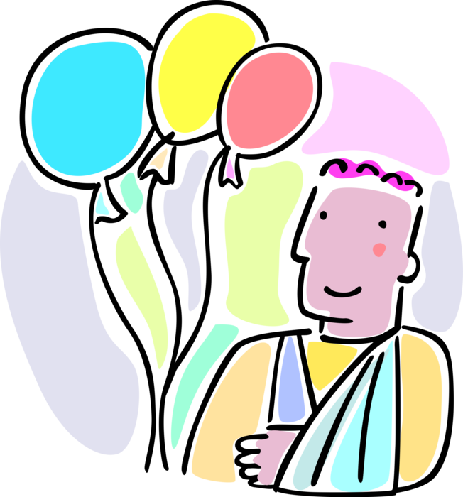 Boy With His Arms In A Sling And Balloons Royalty Free - Boy With His Arms In A Sling And Balloons Royalty Free (652x700)