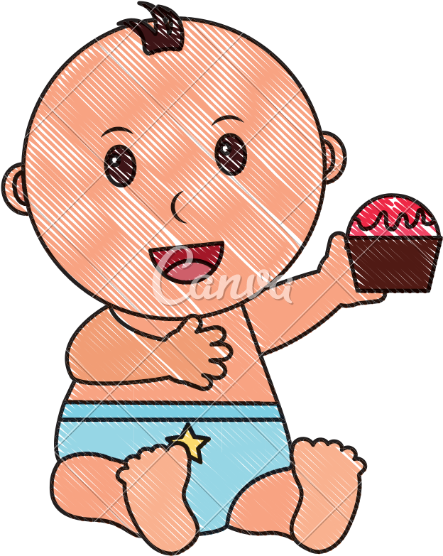 Baby Boy With Diaper And Cupcake In Hand - Baby Boy With Diaper And Cupcake In Hand (800x800)