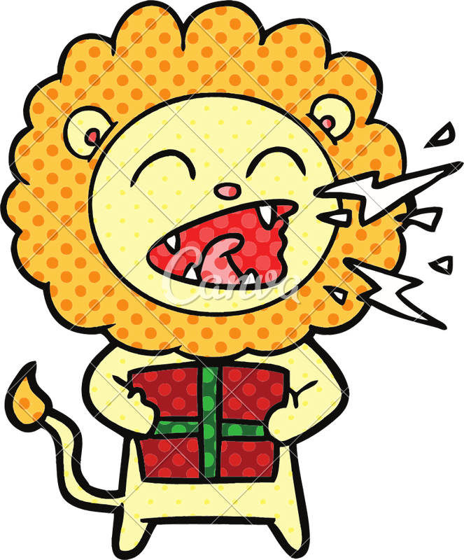 Cartoon Roaring Lion With Gift - Cartoon Roaring Lion With Gift (663x800)