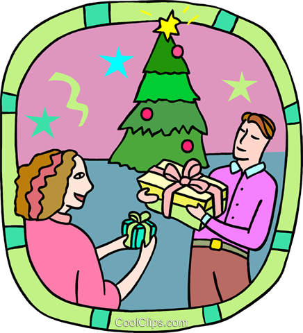 Gift Exchanging At Christmas Royalty Free Vector Clip - Gift Exchanging At Christmas Royalty Free Vector Clip (436x480)