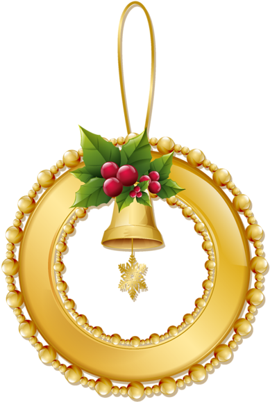 Christmas Gold Wreath With Bell Png Ornament - Gold Christmas Wreath Png (399x600)