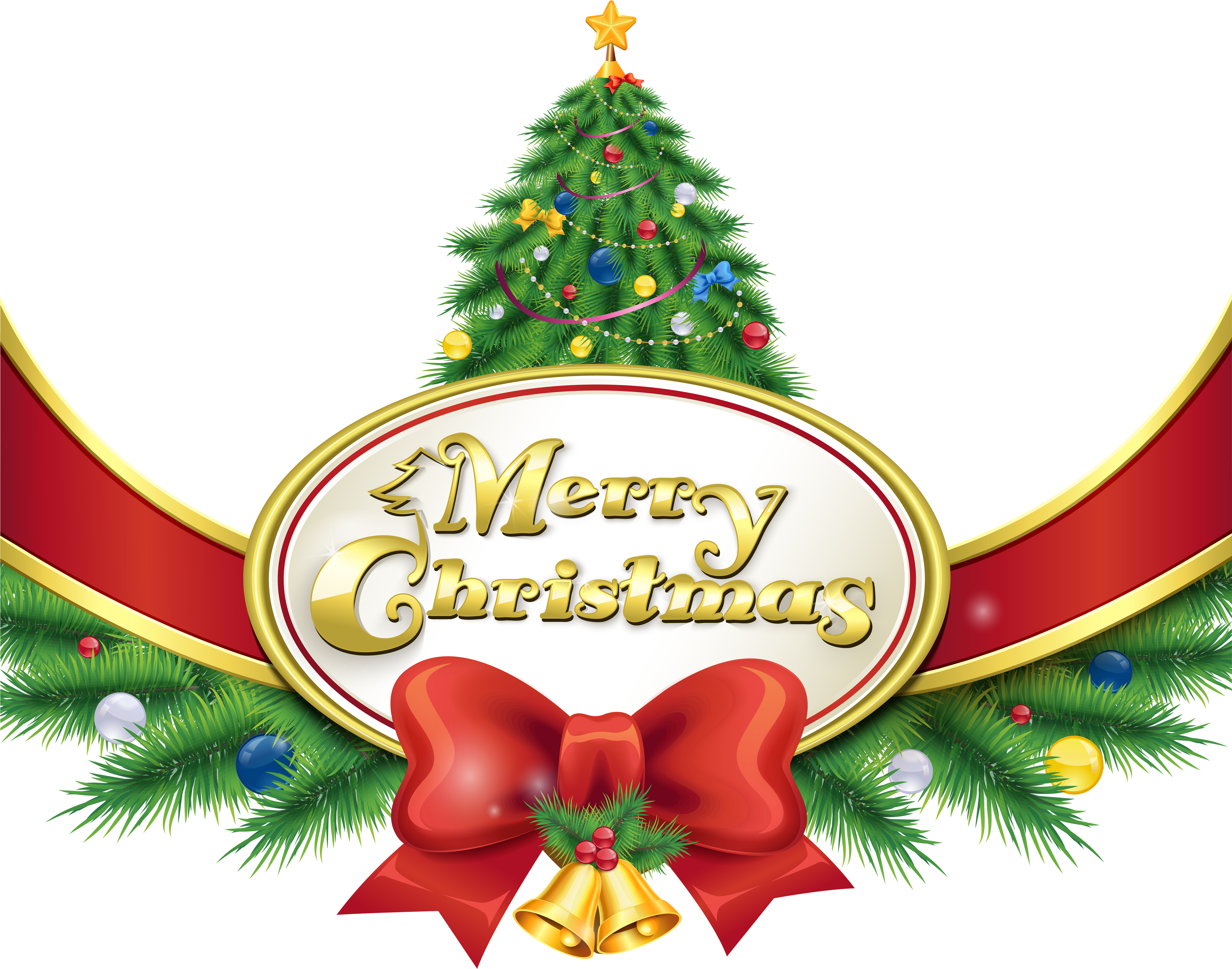 Merry Christmas With Tree And Bow Png Clipart Imageu200b - Christmas Tree Merry Christmas (5000x4046)