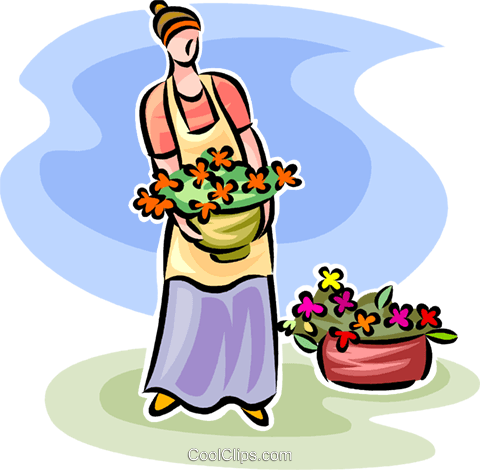 Woman Tending To The Flowers In Her Pots Royalty Free - Woman Tending To The Flowers In Her Pots Royalty Free (480x470)