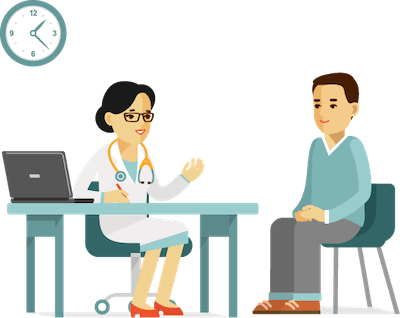 Illustration Of Female Doctor Talking To Male Patient - Illustration Of Female Doctor Talking To Male Patient (400x318)