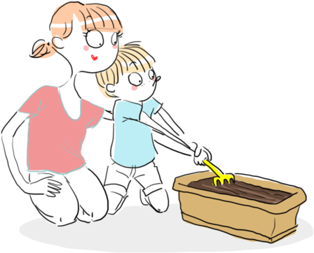 Illustration Of Boy Raking Soil While Mother Is Watching - Illustration Of Boy Raking Soil While Mother Is Watching (540x424)