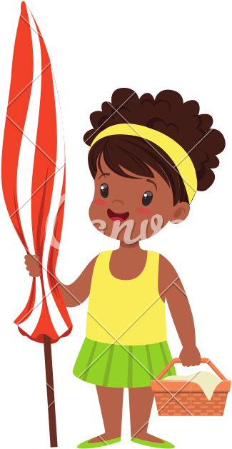 Girl Standing With Beach Umbrella And Basket - Girl Standing With Beach Umbrella And Basket (800x800)