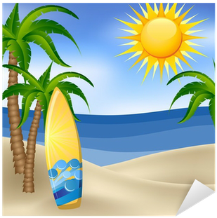 Summer Background With Surfboard And Palm Trees Sticker - Summer Background With Surfboard And Palm Trees Sticker (400x400)