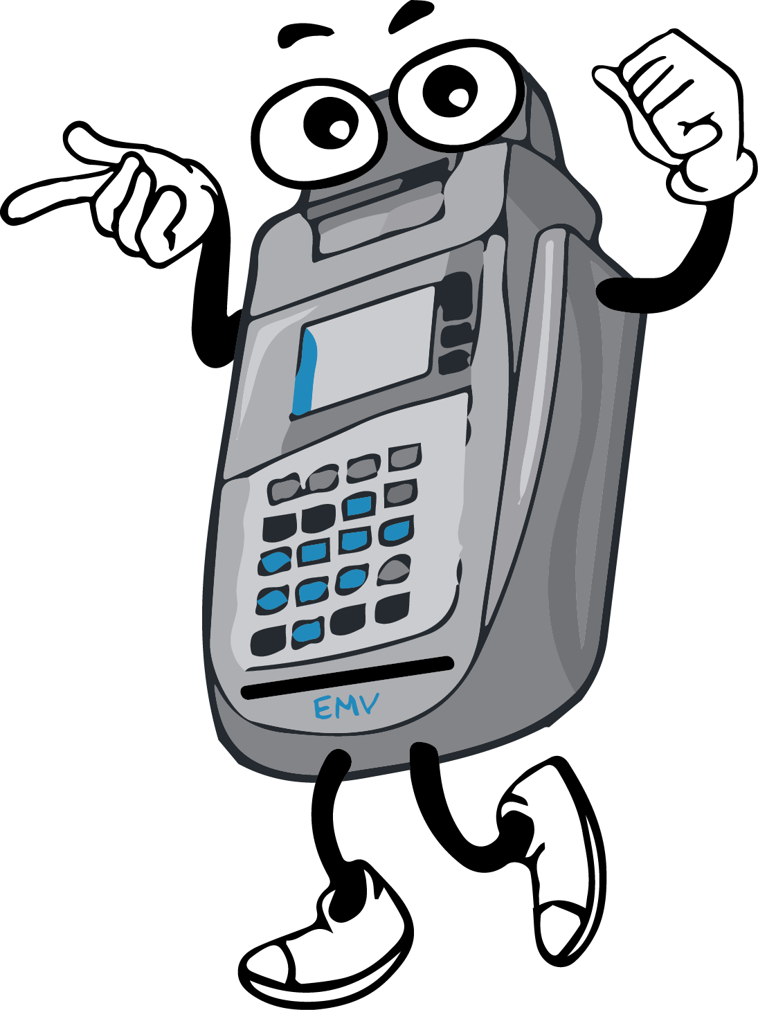 Cartoon Anthropomorphic Emv Enabled Terminal Smiling - Credit Card Machine Cartoon (1095x1459)