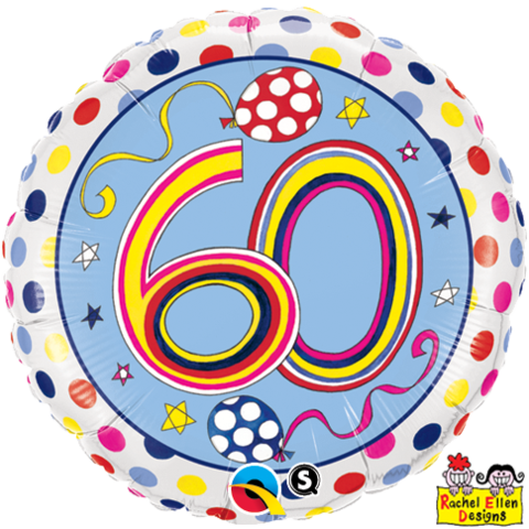 18" Round Foil Rachel Ellen 60 Polka Dots & Stripes - 60th Balloon (480x480)