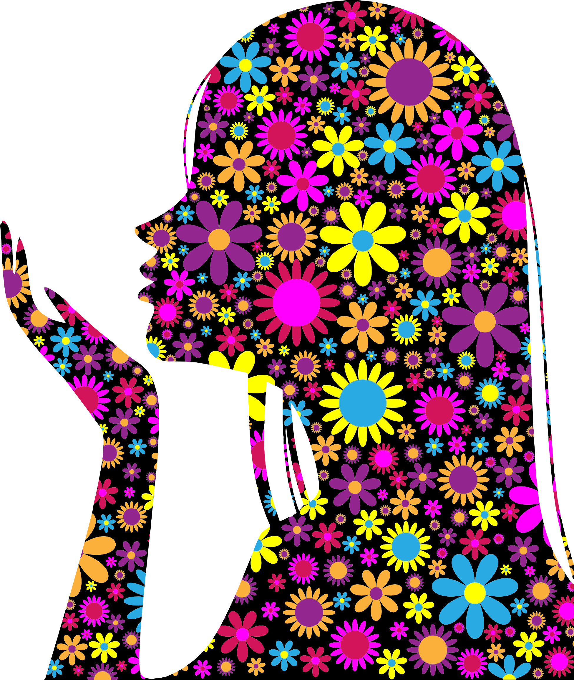 Girl Blowing Into Palm Silhouette - Girl Silhouette Flowers Png (1950x2308)