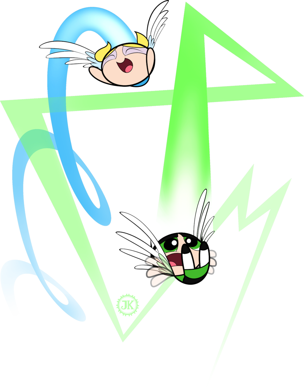 Bubbles And Buttercup Flying By Jksketchy - The Powerpuff Girls (1024x1300)