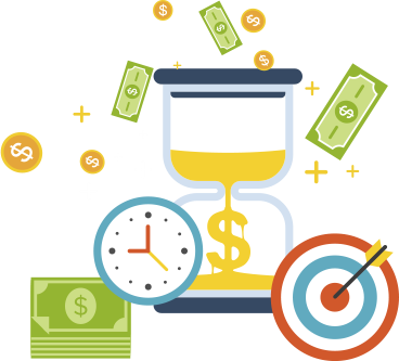 Clip Art Image Consisting Of A Bullseye, Clock, Dollar - Clip Art Image Consisting Of A Bullseye, Clock, Dollar (368x333)