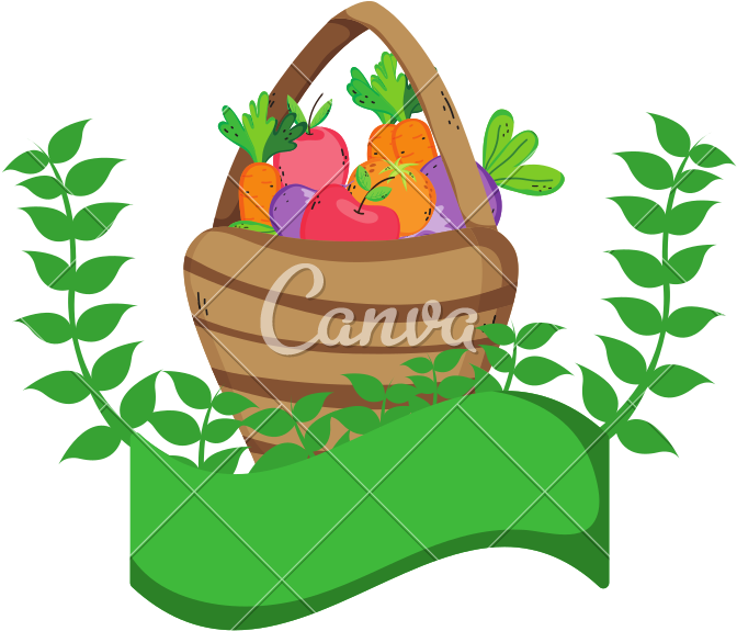 Fruits And Vegetables Inside Hamper And Plant Branches - Fruits And Vegetables Inside Hamper And Plant Branches (800x800)