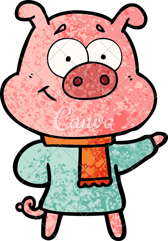 Happy Cartoon Pig Wearing Warm Clothes - Happy Cartoon Pig Wearing Warm Clothes (556x800)