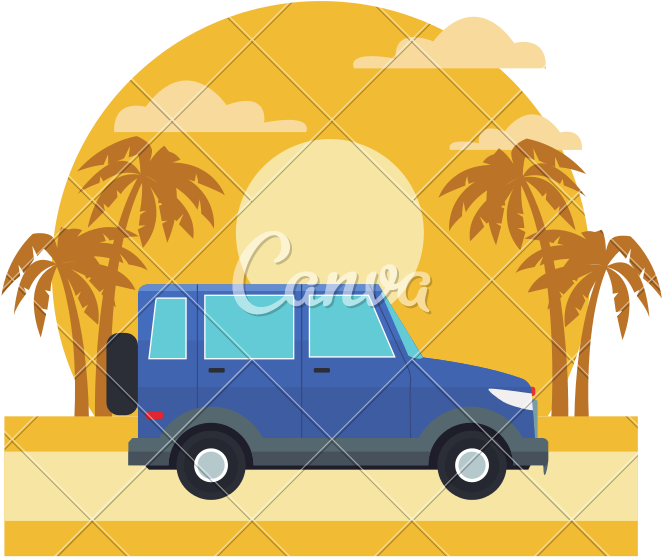 Suv Sport Vehicle On Sunset Landscape - Vector Graphics (800x800)