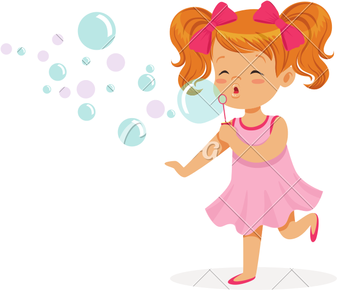 Happy Redhead Girl In Pink Dress Blowing Bubbles Vector - Niña Soplando Burbujas Dibujo (800x800)