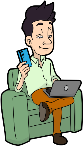 Cartoon Man Using A Credit Card To Shop Online - Sitting (463x599)