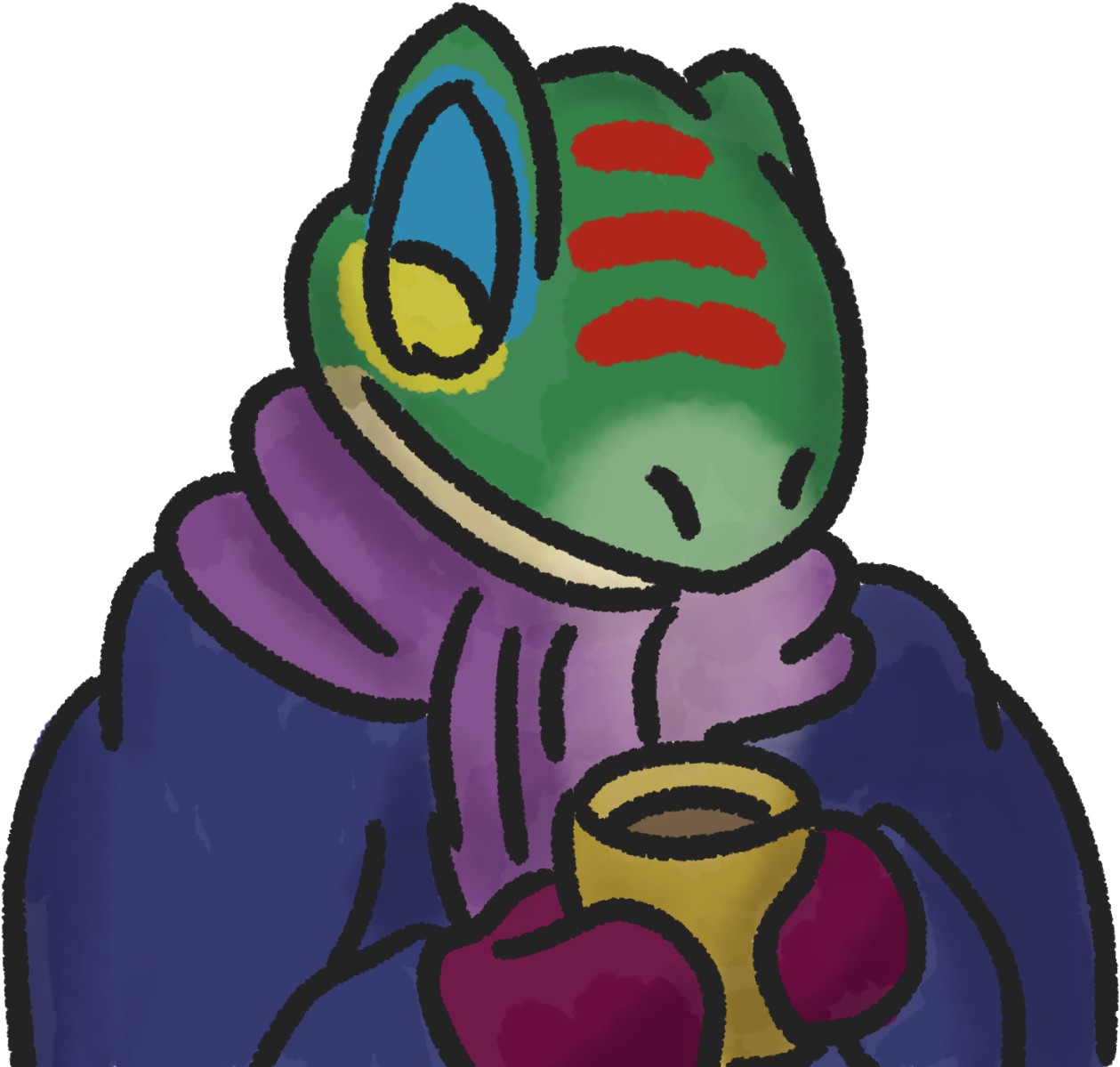 A Messy Drawing Of Niss In Winter Clothes With A Steming - Cartoon (1342x1221)