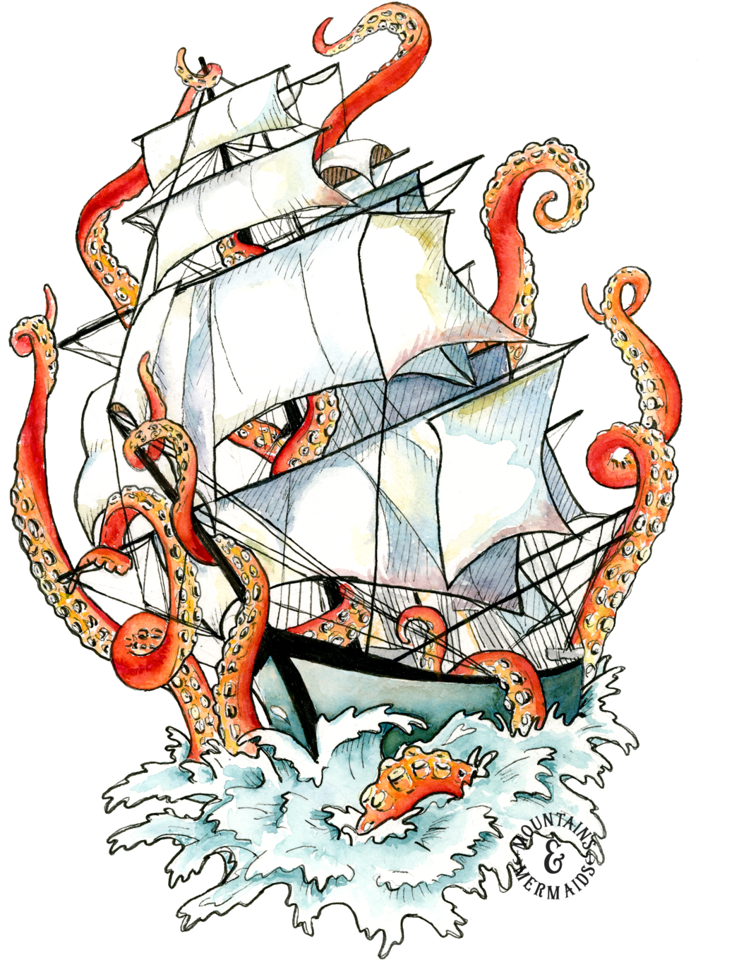 Nautical Vintage Kraken Flowy Racerback Tank - Nautical Kraken Drawing (1060x1372)