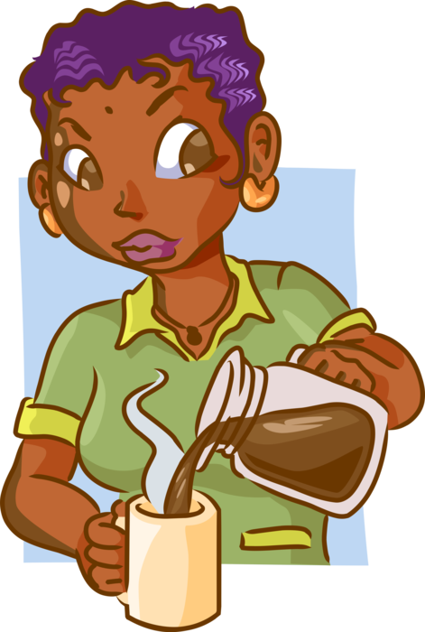 Vector Illustration Of Pouring Cup Of Coffee Into Mug - Cartoon (471x700)