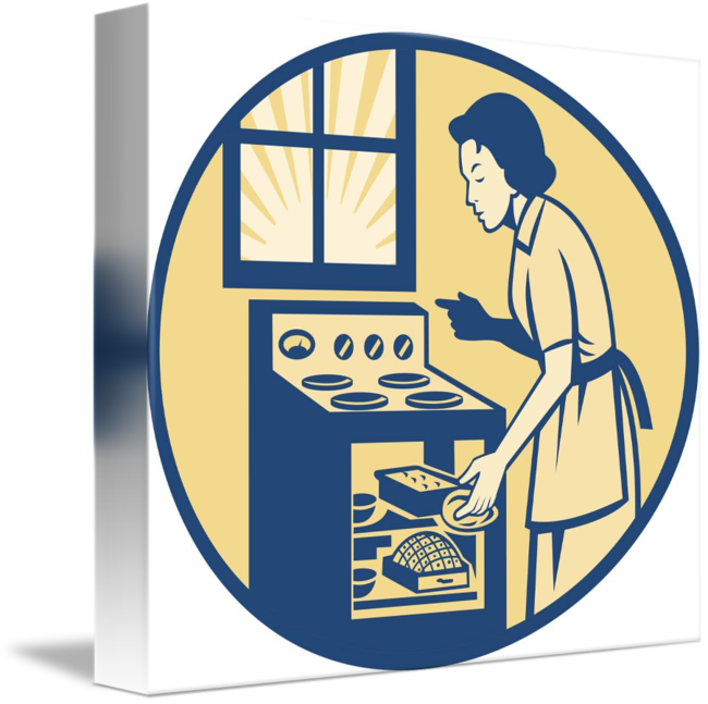 Housewife Baker Baking In Oven Stove Retro By Aloysius - Baking (650x647)