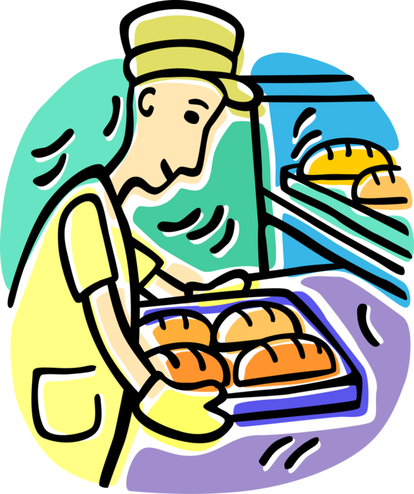 Vector Illustration Of Retail Bakery Baker With Tray - Baker Cartoon (587x700)