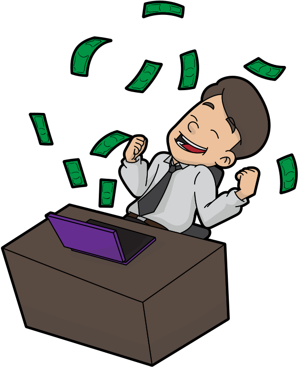 Cartoon Man Adoring The Money He Makes Online - Cartoon (651x768)