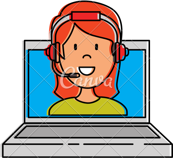 Laptop With Call Center Woman Agent - Cartoon (800x800)