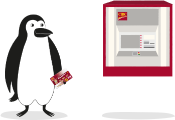 Percy Penguin Stands In Front Of An Atm With His Cibc - Cibc Penguin Png (550x268)