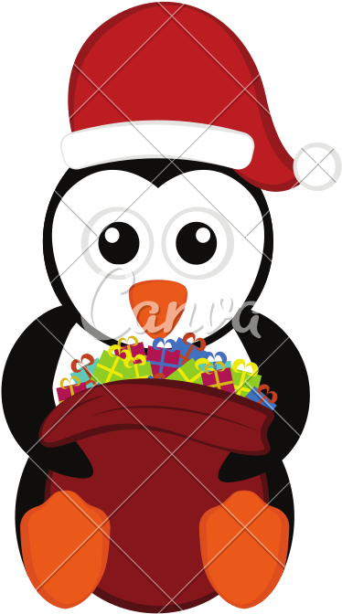 Christmas Penguin Holding A Present Bag - Cartoon (800x800)