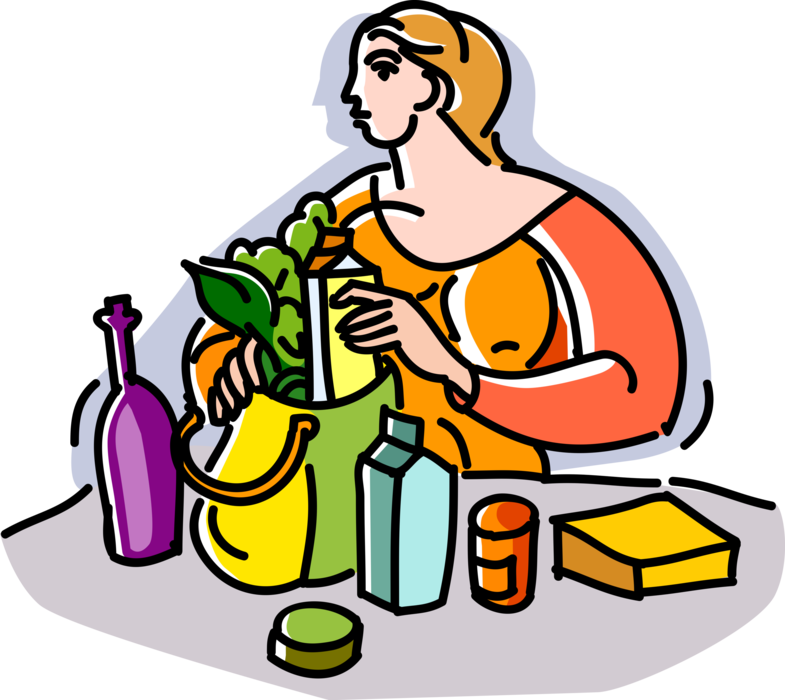 Vector Illustration Of Shopper With Food Groceries - Vector Illustration Of Shopper With Food Groceries (785x700)