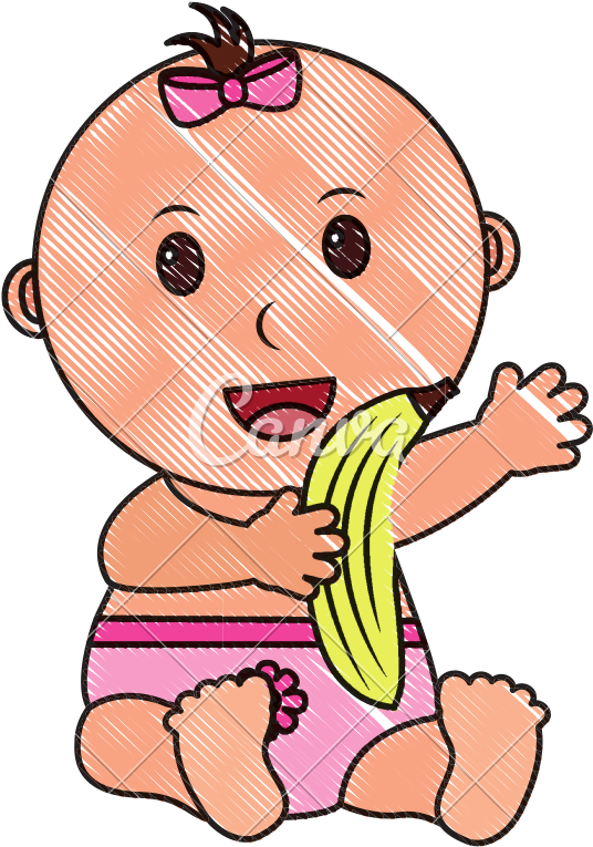Baby Girl With Diaper And Fruit Banana - Baby Girl Outline (800x800)