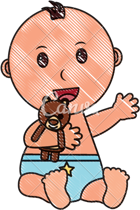 Baby Boy With Diaper And Bear Teddy In Hand - Sitting Baby Drawing Girl (800x800)