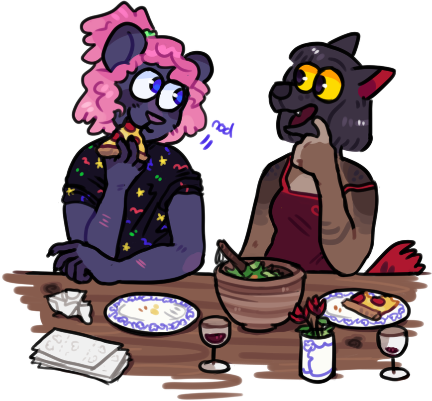 Girlfriends Having A Good Chat Over Dinner By Dogquest - Cartoon (939x851)