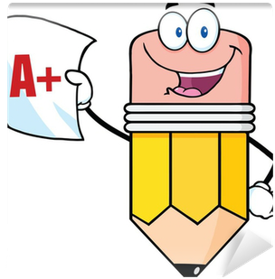 Smiling Pencil Holding An A Plus Report Card Wall Mural - Teacher Cartoon Black And White (400x400)