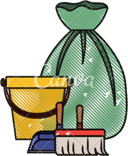 Bucket And Dustpan And Broom And Garbage Bag In Colored - Illustration (800x800)
