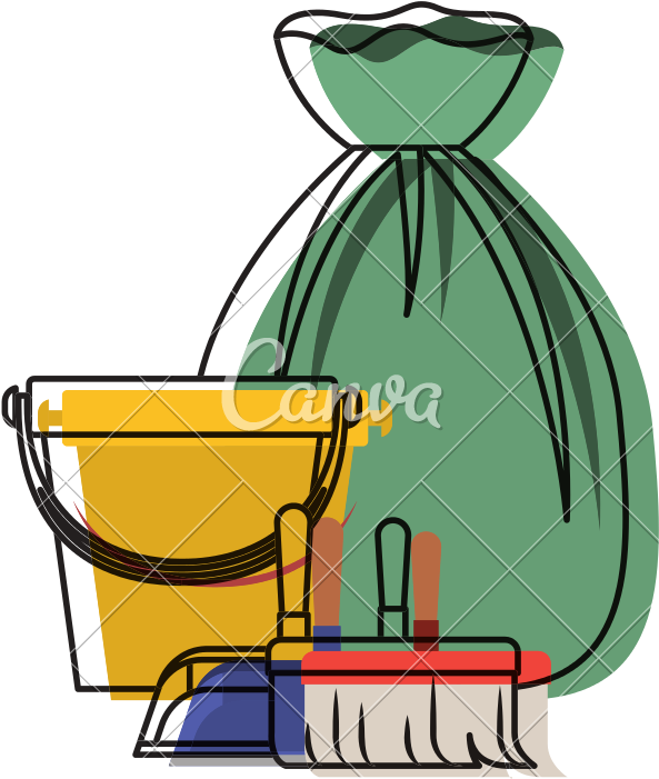 Bucket And Dustpan And Broom And Garbage Bag In Colorful - Illustration (800x800)