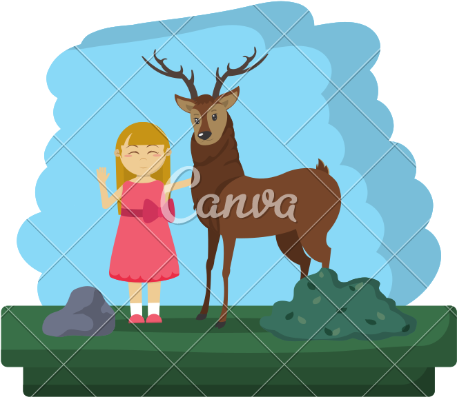 Happy Girl With Deer Animal Reserve - Illustration (800x800)