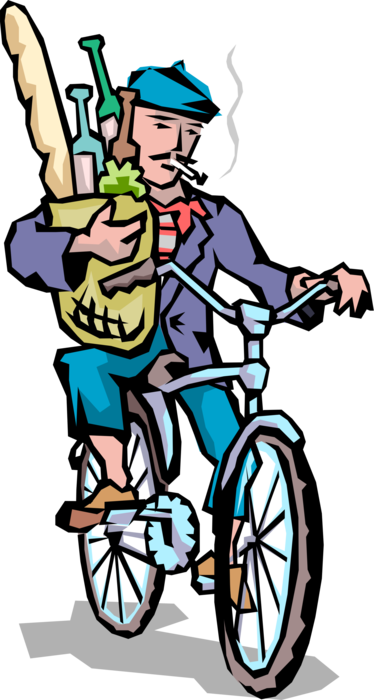 Vector Illustration Of Frenchman On Bicycle Carries - French Man On Bicycle With Baguette (374x700)