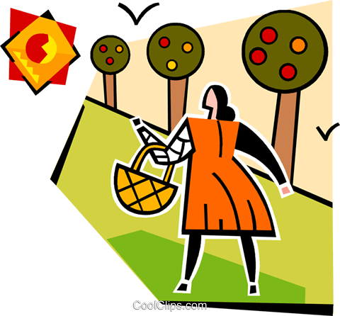 Woman With A Basket And Apple Trees Royalty Free Vector - Cartoon (480x446)
