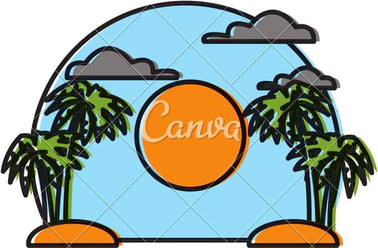 Palms On Sunset Landscape Vector Icon Illustration - Palms On Sunset Landscape Vector Icon Illustration (800x800)