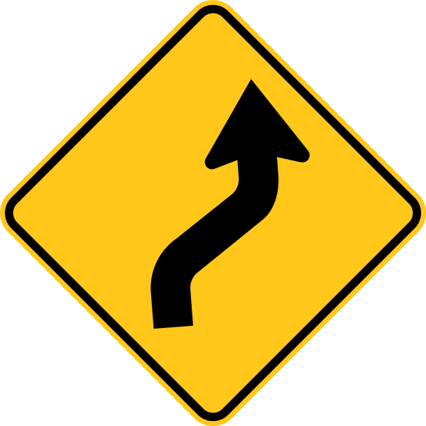 Reverse Curve Right Warning Trail Sign Yellow - Sideways T Road Sign (600x600)