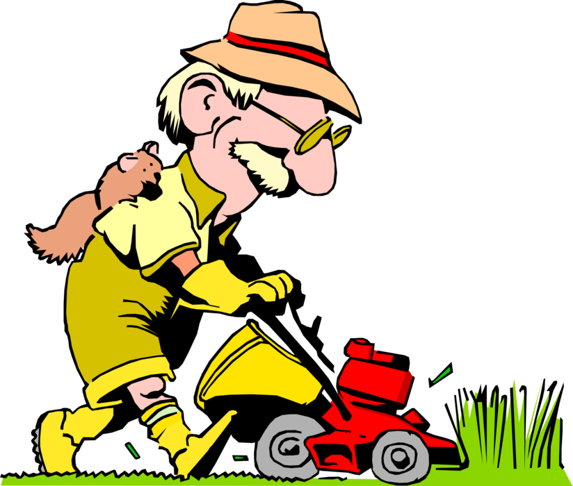 Vector Illustration Of Man With Squirrel Mows The Lawn - Old Man Mowing Lawn Cartoon (824x700)